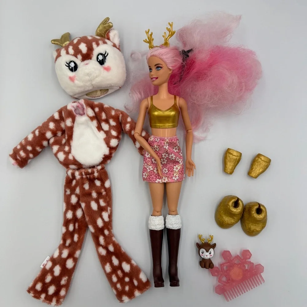 Barbie Cutie Reveal Snowflake Sparkle Series Doll with a deer plush costume